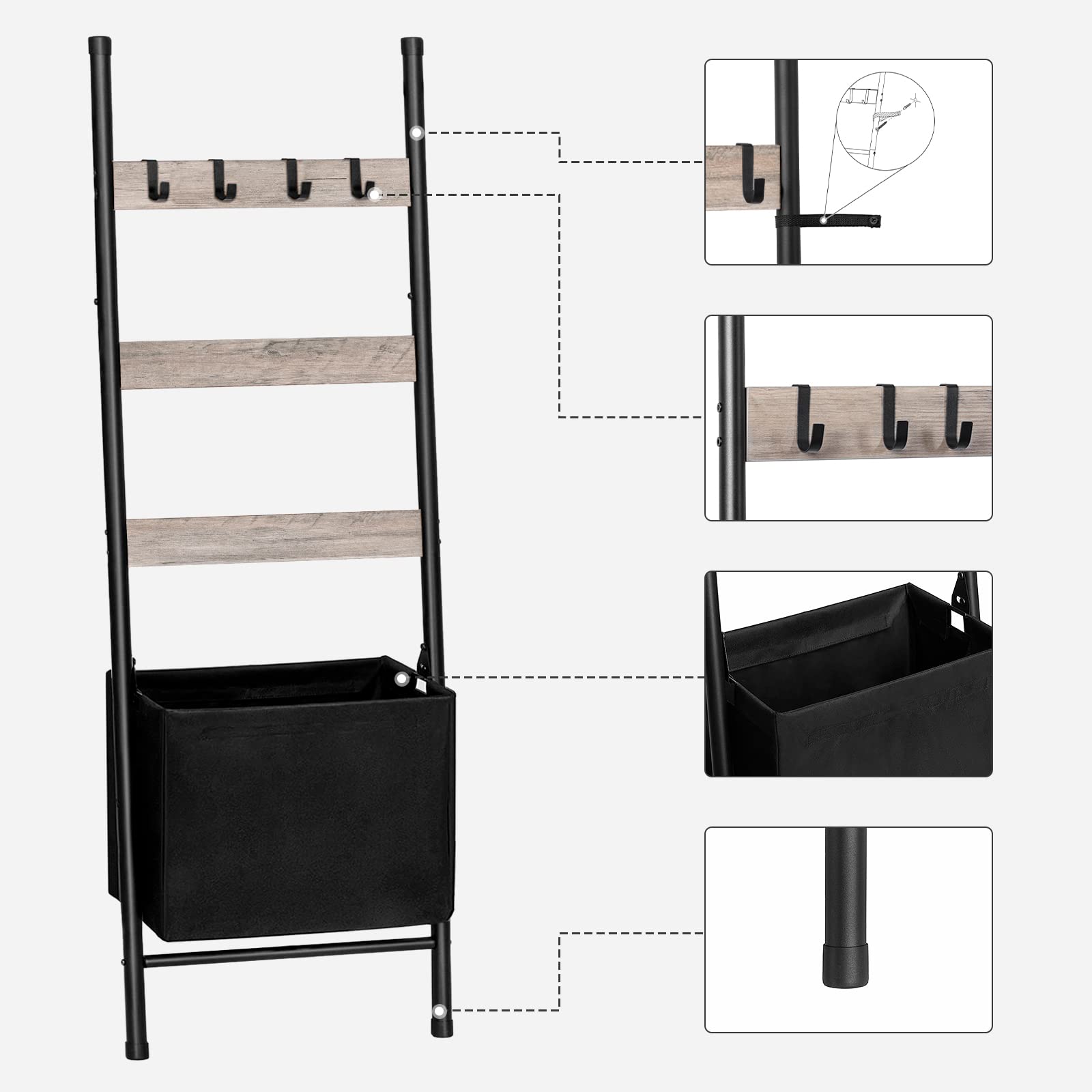 HOOBRO Blanket Ladder with Basket  17.3 L x 63.4 H  Towel Rack with Hooks  Blanket Holder Rack  Decorative Ladder Shelf  Drying and Display Rack for Bathroom  Living Room  Greige BG31CJ01